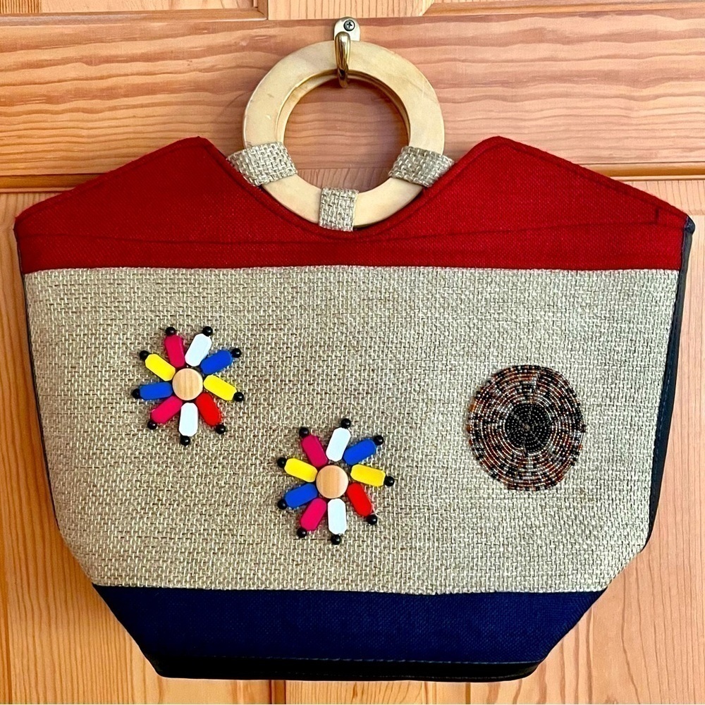 Handmade Kenyan Beaded Jute Tote Bag Wood Handle Ethnic Tribal Maasai Boho Purse